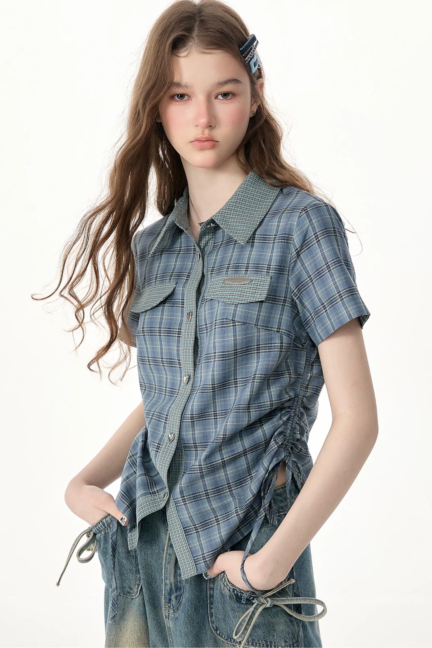 Camicia a maniche corte con motivo scozzese blu e verde