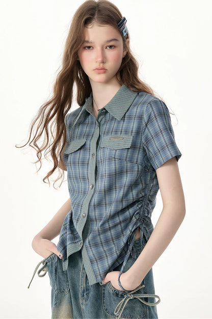 Camicia a maniche corte con motivo scozzese blu e verde