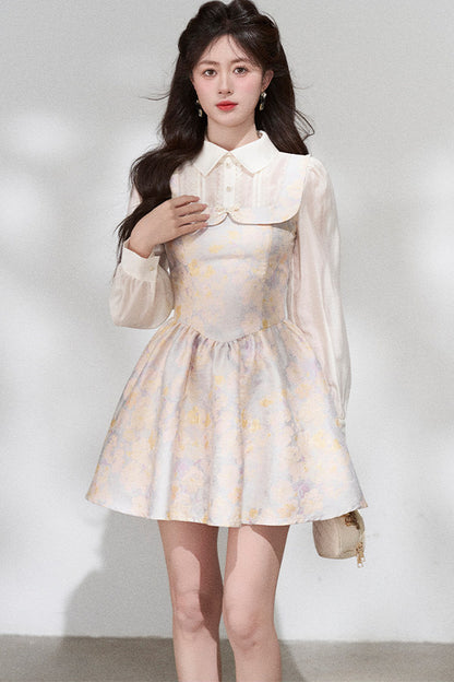 Layered-Look Long-Sleeve Jacquard Dress