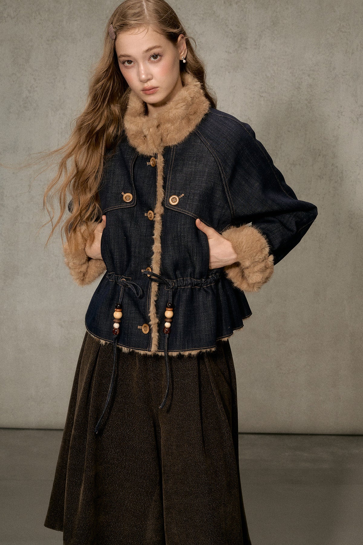 Fur Collar Denim Drawstring Jacket