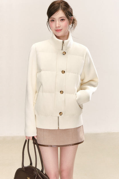 White Stand-Collar Knit Patchwork Down Jacket
