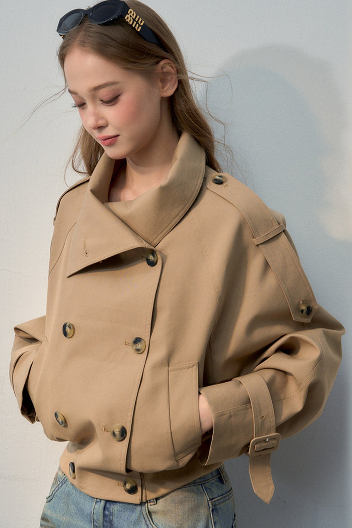 Short Double-Breasted Khaki Trench Coat