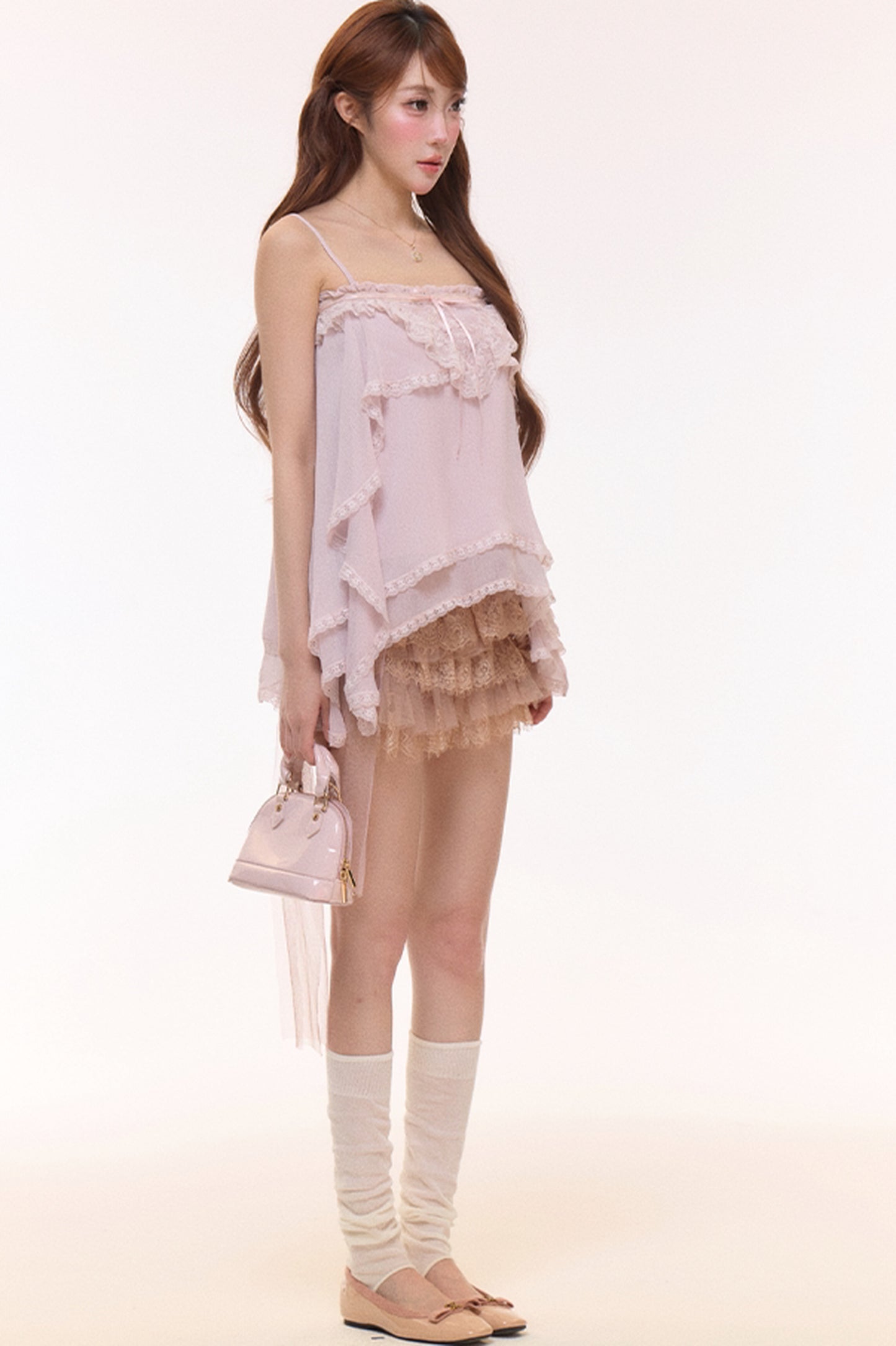 Irregular Ruffle Chiffon Camisole and Tulle Cake Skirt Set-Up