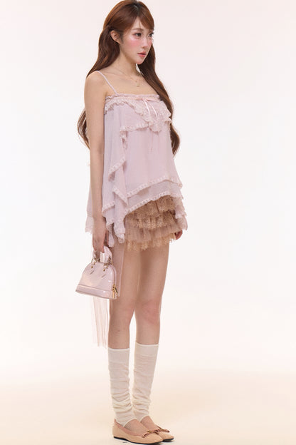 Irregular Ruffle Chiffon Camisole and Tulle Cake Skirt Set-Up