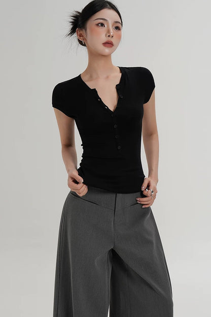 Wool Henley V-Neck Short Sleeve Top