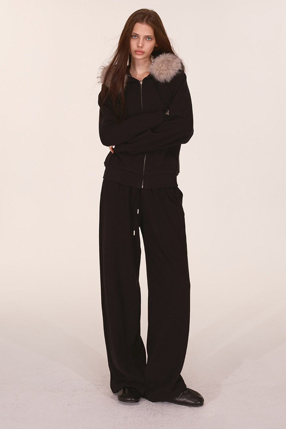 Fur Trim Hooded Sweatshirt and Sweatpants Set-Up