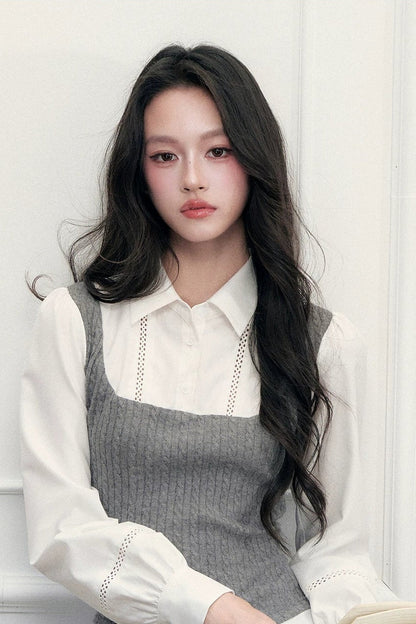 Gray Knit Vest Blouse and Skirt Set-Up