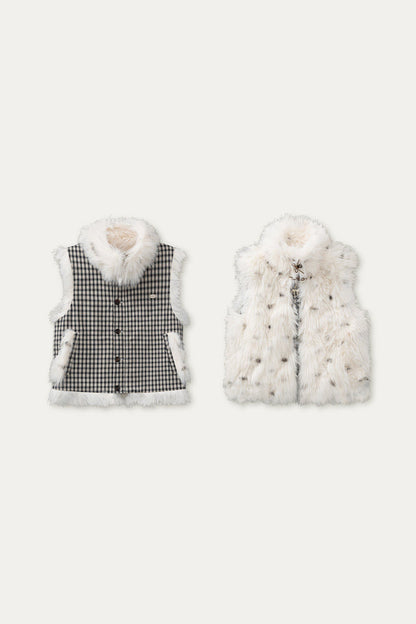 Reversible Polka Dot Plaid Faux Fur Vest