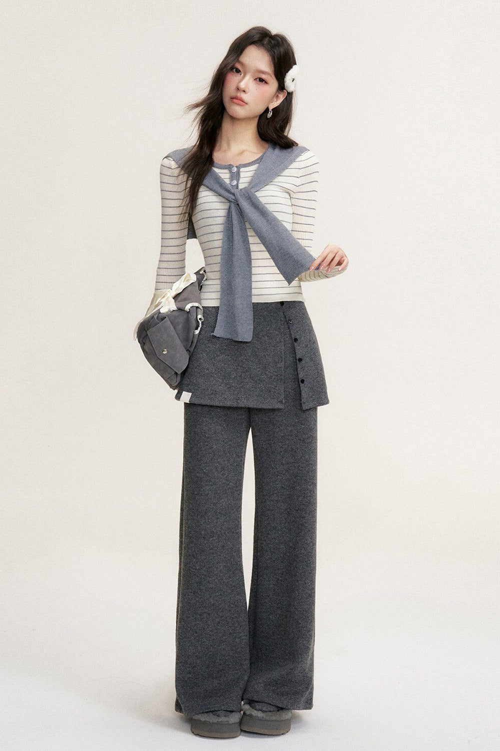Striped Shawl Collar Long Sleeve Knit Sweater