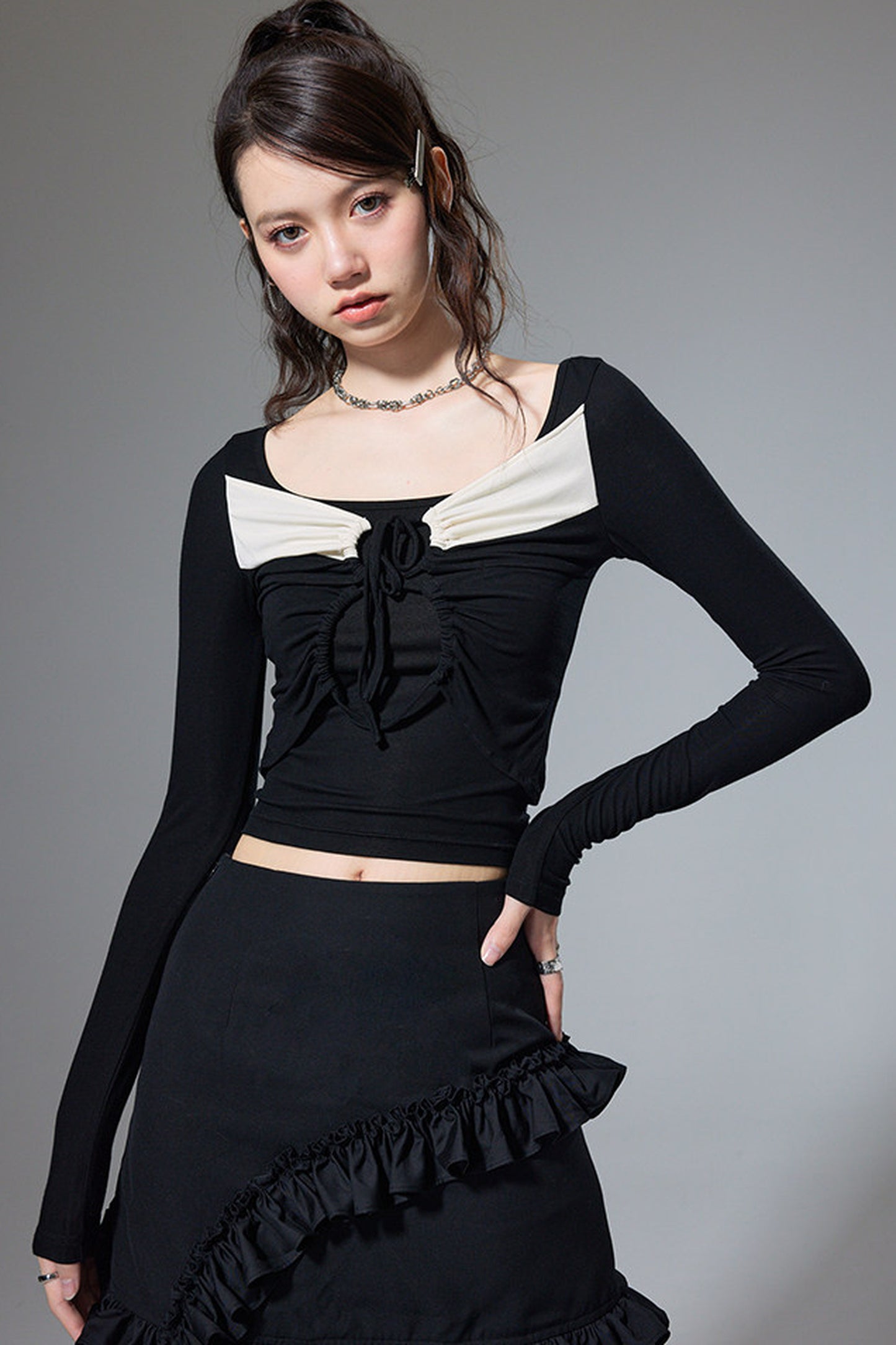 Square Neck Color-Block Knit Top and Skirt Set