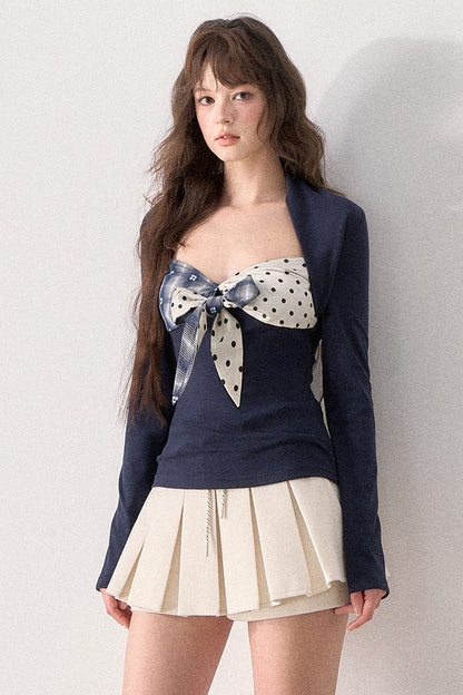 Polka Dot Waistband Layered-Look Pleated Skirt