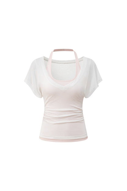 White T-Shirt and Pink Halter Neck Tank Top Set
