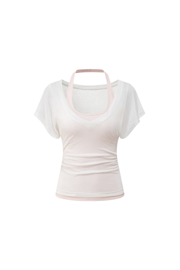 White T-Shirt and Pink Halter Neck Tank Top Set
