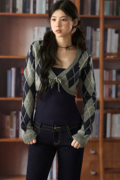 Short Argyle Cardigan and Cami and Pants Set-Up