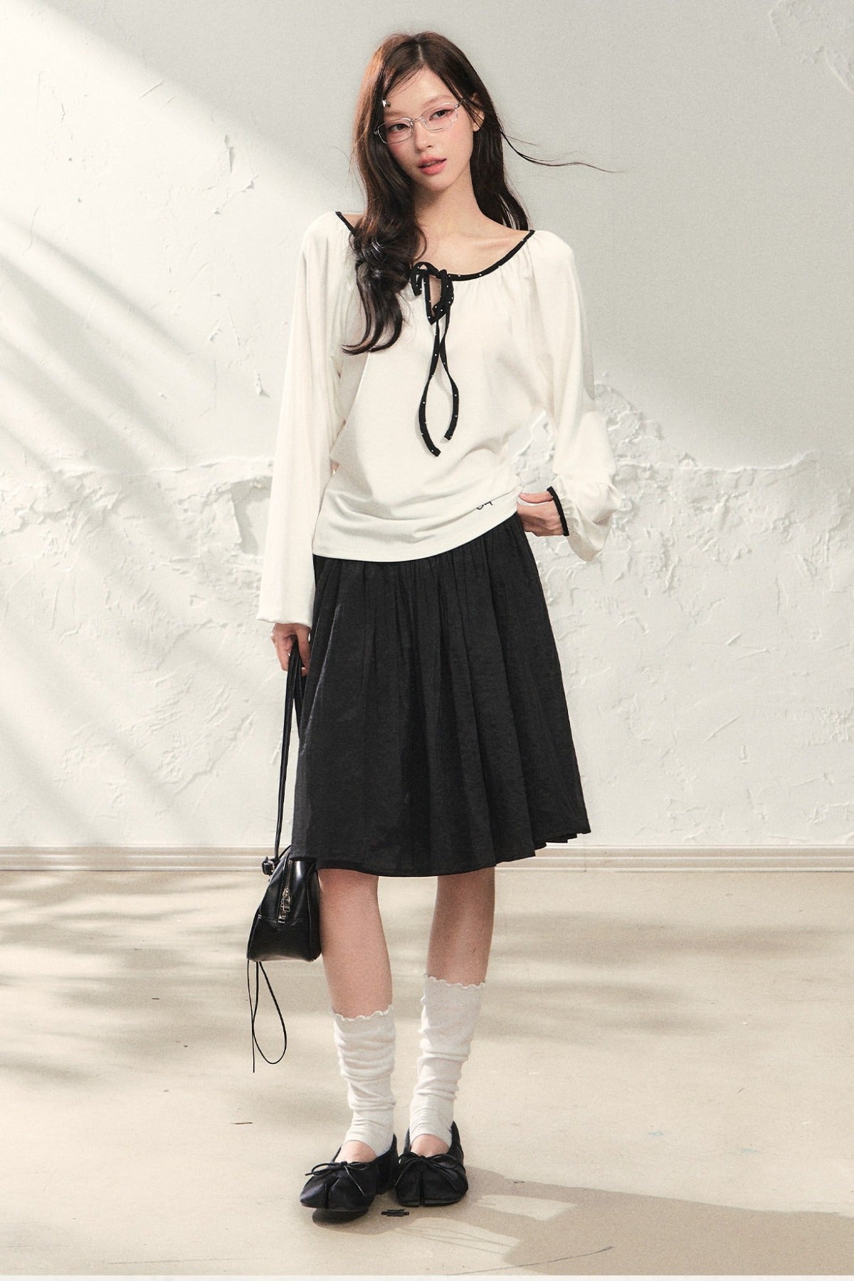 White Off-Shoulder Long Sleeve Top and Polka Skirt Set-Up