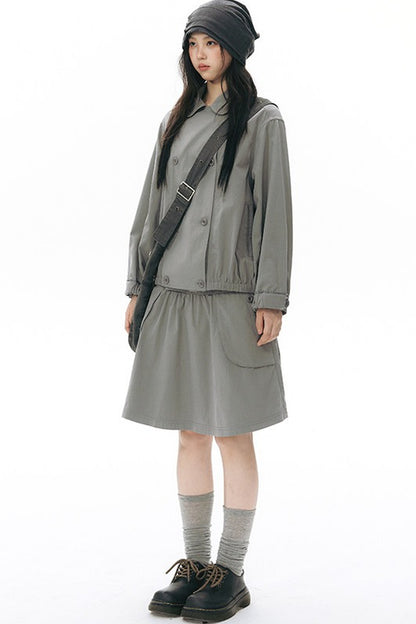 Retro Double-Breasted Workwear Jacket and Skirt Set-Up