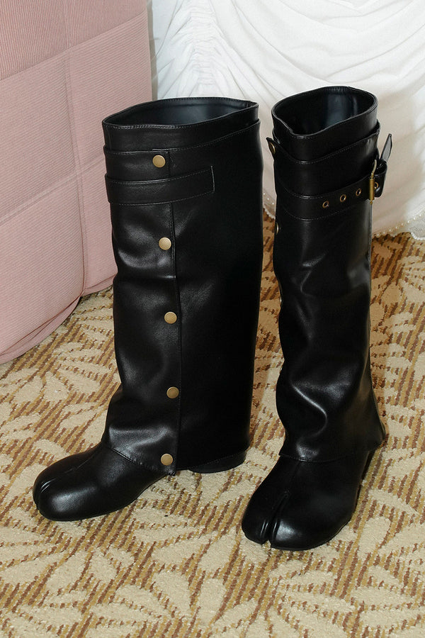 Black Split-Toe Chunky Heel Boots