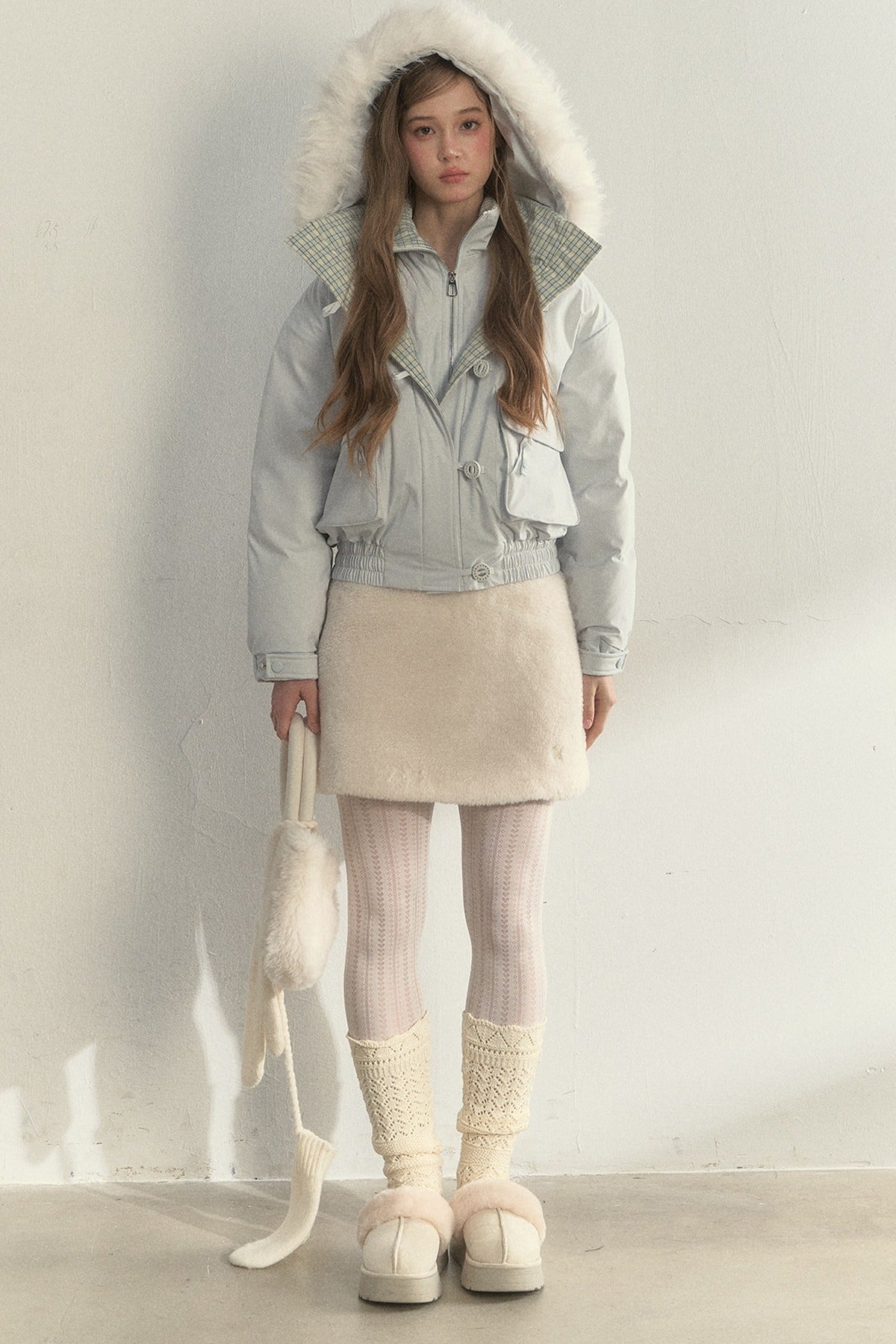 Patchwork Plaid Fur Collar Down Jacket