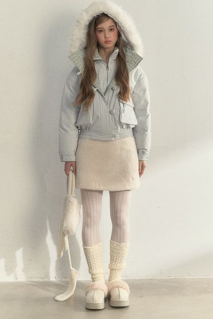 Patchwork Plaid Fur Collar Down Jacket