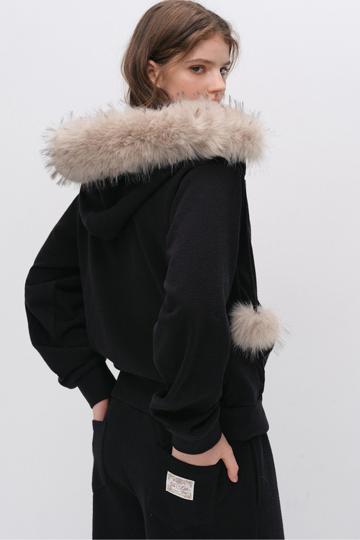 Fur Trim Hooded Sweatshirt and Sweatpants Set-Up