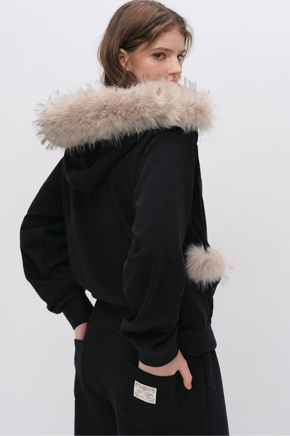 Fur Trim Hooded Sweatshirt and Sweatpants Set-Up