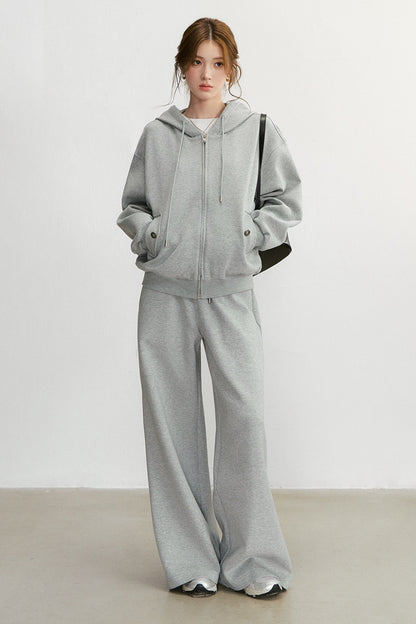 Embroidered Hooded Cardigan Sweatshirt and Wide-Leg Pants Set-Up