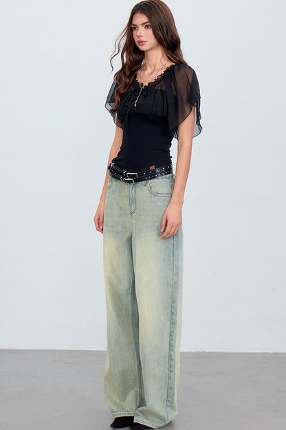 Gauze Patchwork Ruffle Top