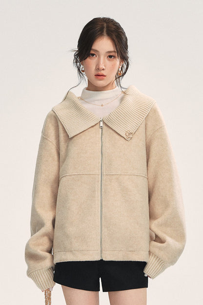 Knitted Large Lapel Patchwork Woolen Jacket