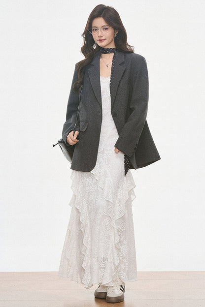 Petite Gray Wool Blazer and White Lace Slip Dress Set-Up