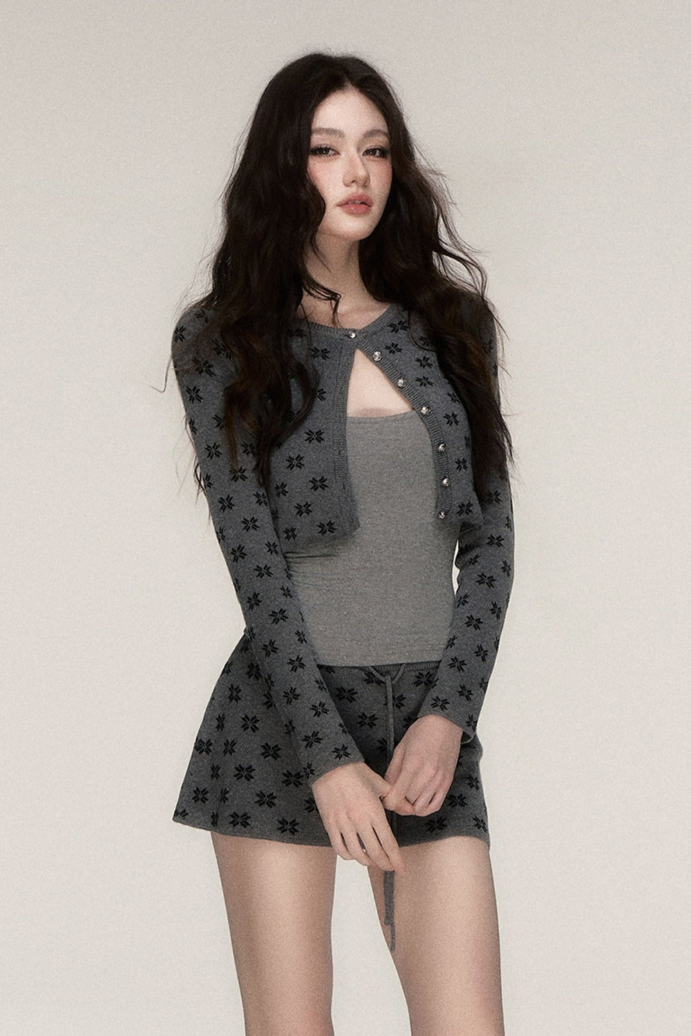 Grey Knit Cardigan and Skirt Set-Up