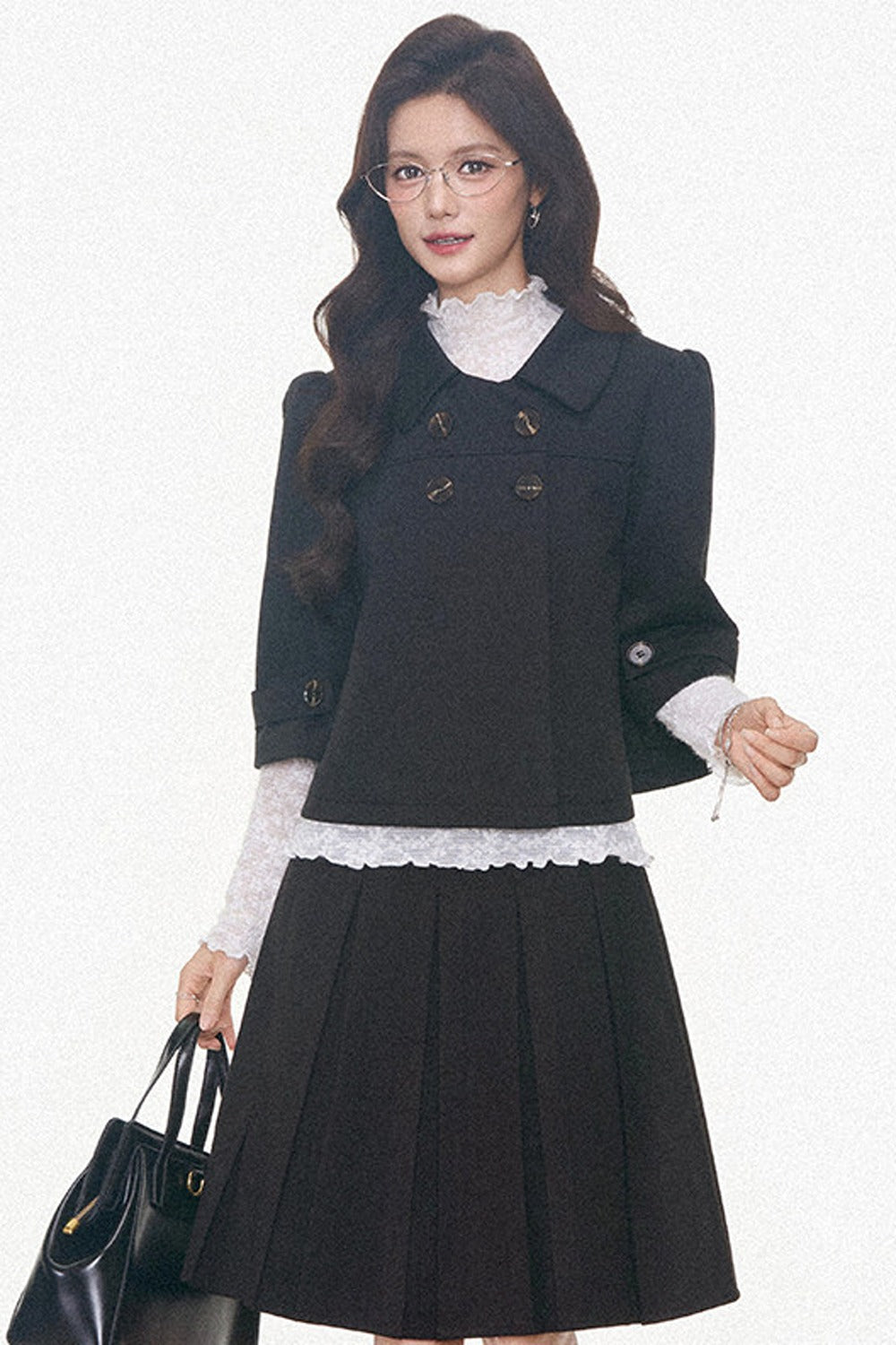 Double-Breasted Woolen Jacket With Midi Skirt and Pants Set-Up