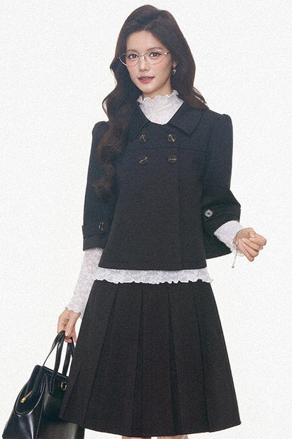 Double-Breasted Woolen Jacket With Midi Skirt and Pants Set-Up