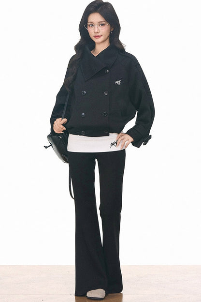 Double-Breasted Knitted Short Trench Coat and Pants Set-Up