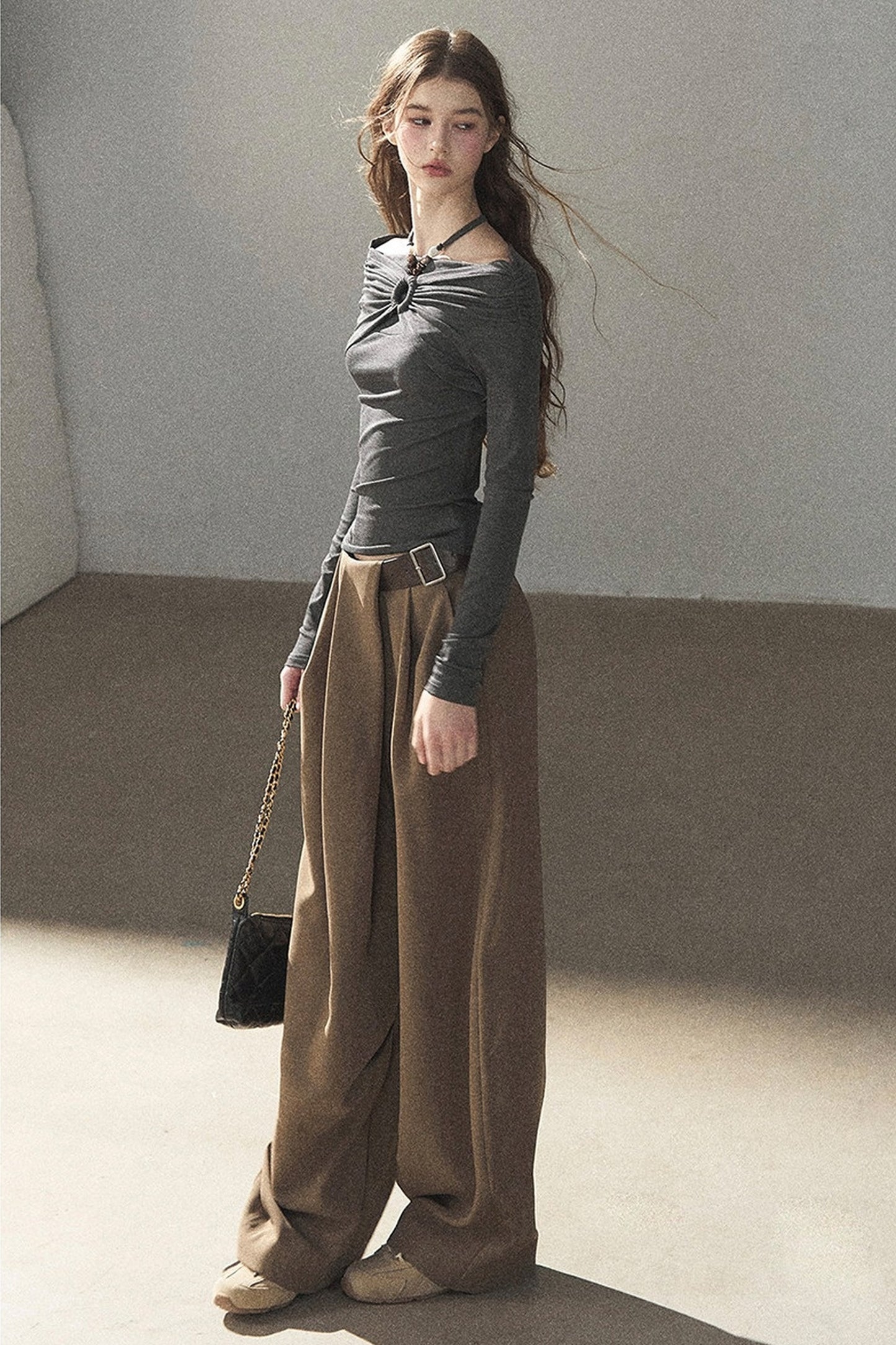 One-Shoulder Long-Sleeve Halter Blouse