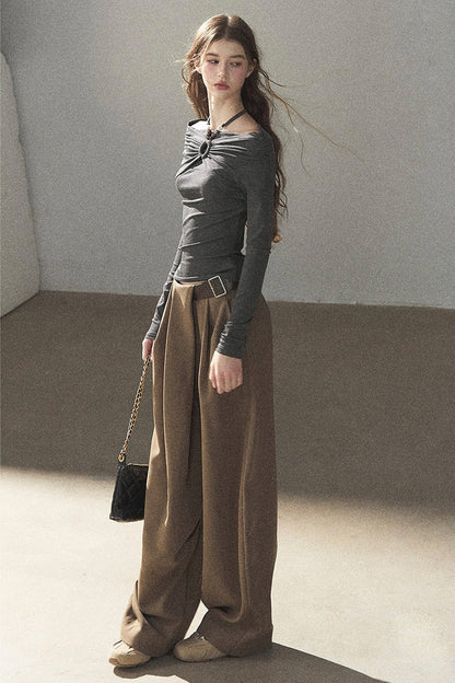 One-Shoulder Long-Sleeve Halter Blouse