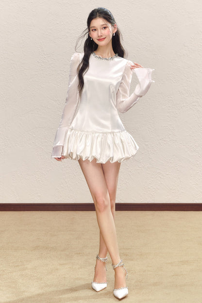 Pearl White Satin Long-Sleeved Flower Bud Dress
