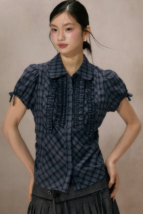 Navy Plaid Ruffled Short Sleeve Shirt