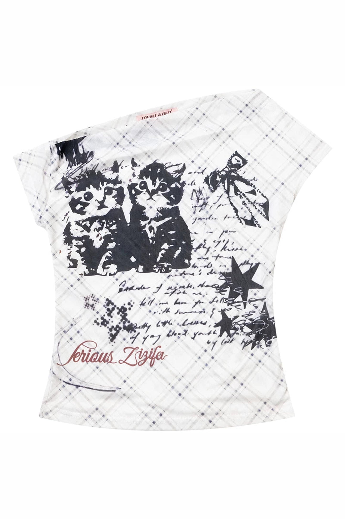 Cat Shadow Off-Shoulder Mesh T-Shirt