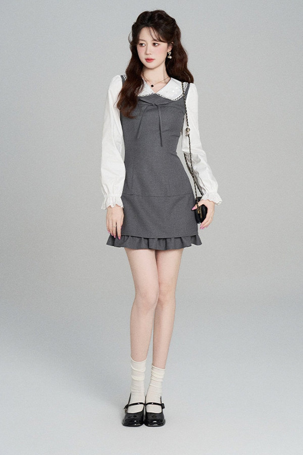 Gray Doll Collar Cinched Waist Dress