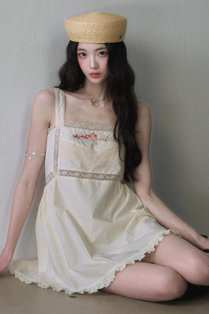 Floral Embroidered Square Neck Sleeveless Mini Dress