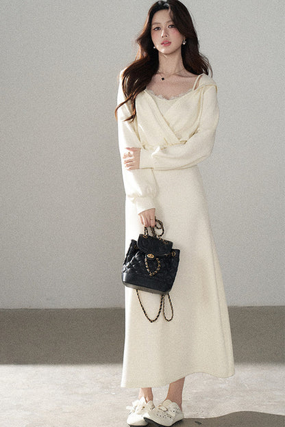 Apricot Flared Lace Dress and Hooded Sweatshirt