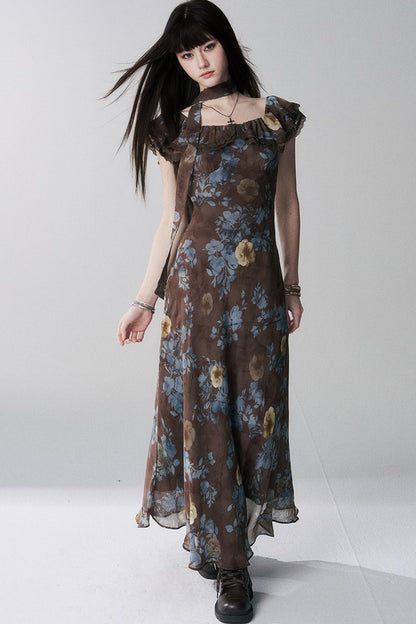 Robe une épaule à motif floral café