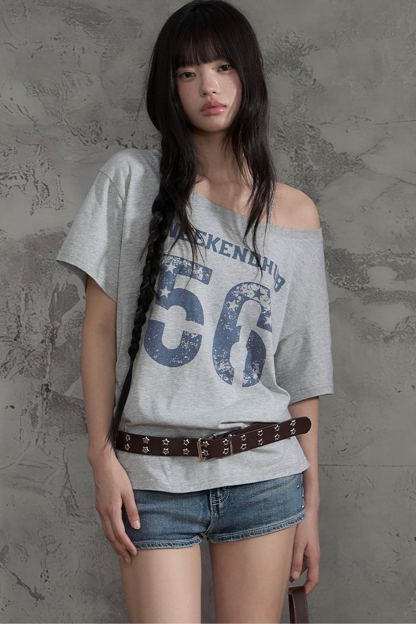 Slanted Shoulder Off-Shoulder T-Shirt Top and Pants Set-Up