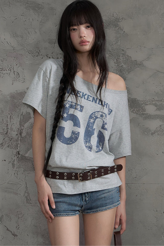 Slanted Shoulder Off-Shoulder T-Shirt Top and Pants Set-Up