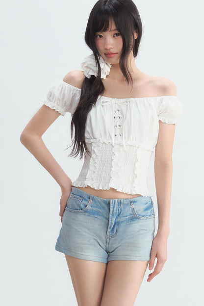 Off-Shoulder Puff Sleeve Lace-Up Top
