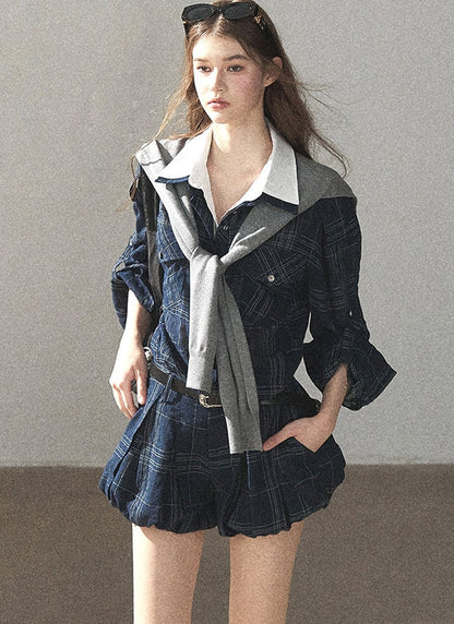 Plaid Layered-Look Shirt And Shorts Set-Up
