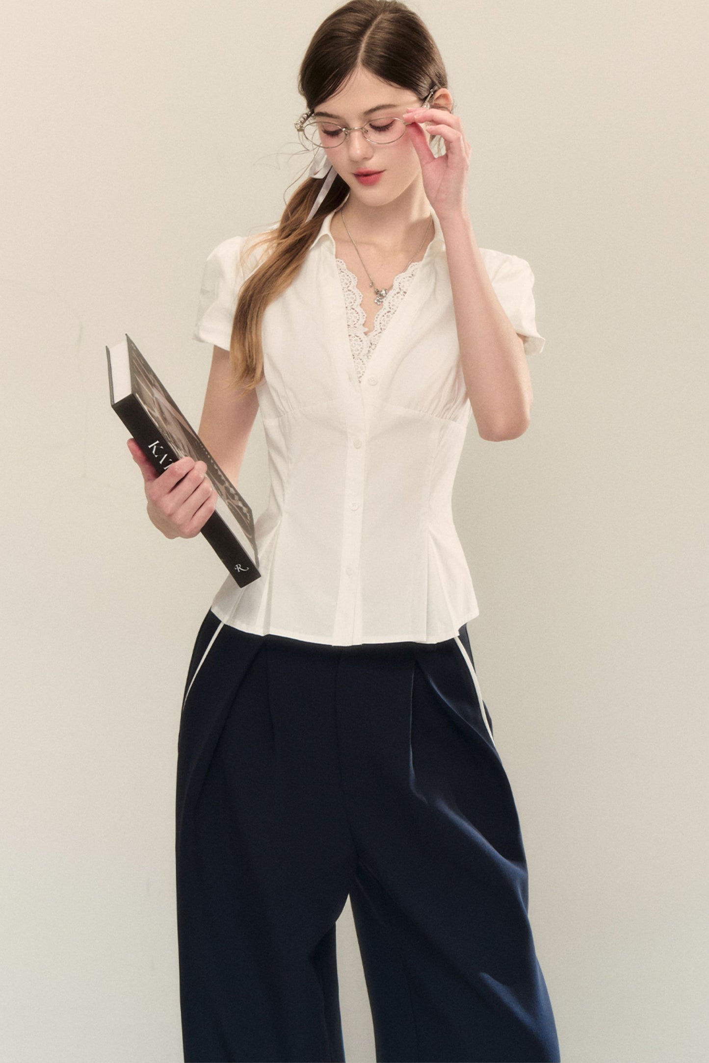White Pleated V-Neck Short-Sleeve Shirt