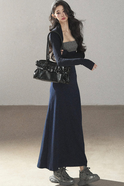 Navy Blue Strapless Bodycon Dress and Cardigan Set-Up