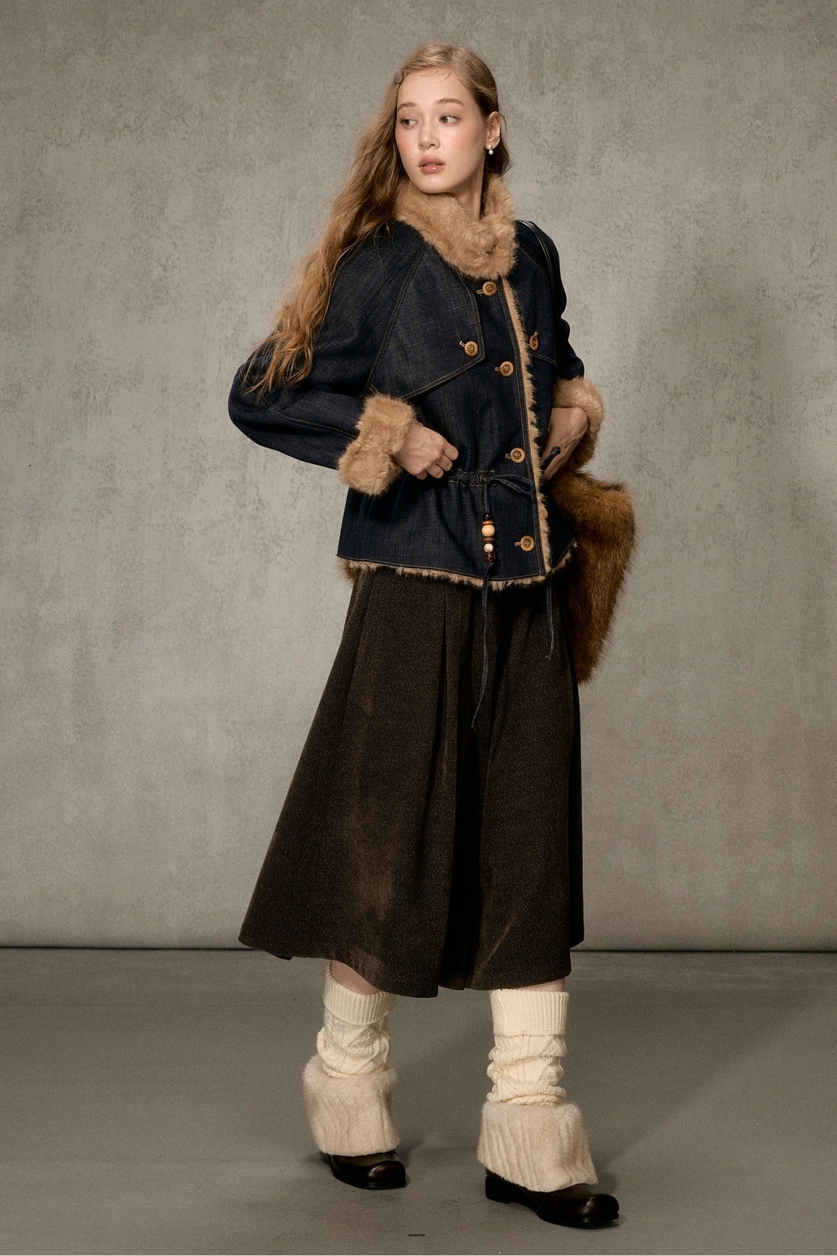 Fur Collar Denim Drawstring Jacket
