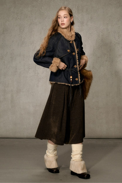 Fur Collar Denim Drawstring Jacket
